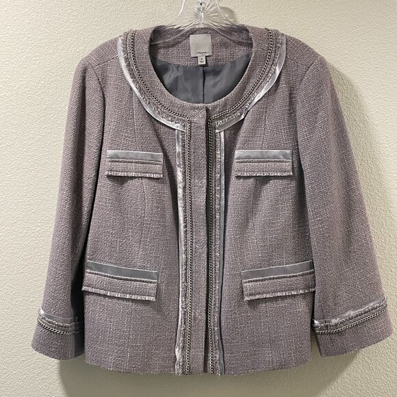NEW, HALOGEN Wool Blend Tweed Blazer Embellished 3/4 Sleeve Snap Front, Gray- XL - Picture 1 of 8